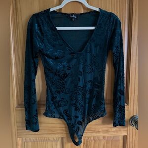 Lulu’s Velvet Burnout Mesh Bodysuit — Deep Emerald — Size Small — Made in USA